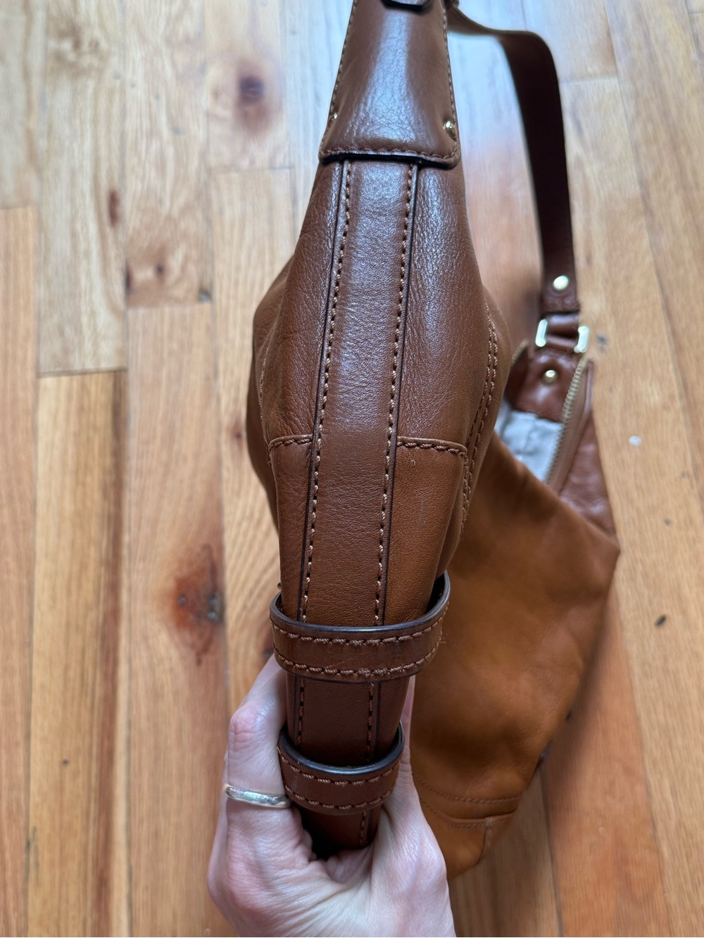 Michael Kors Camel Leather Shoulder Hobo Bag with Buckle Accents - Picture 6 of 7